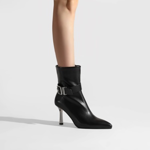 Bottines à talon aiguille en cuir à bout pointu avec boucle métallique pour femme, style polyvalent multicolore, collection automne/hiver - Product Image 2