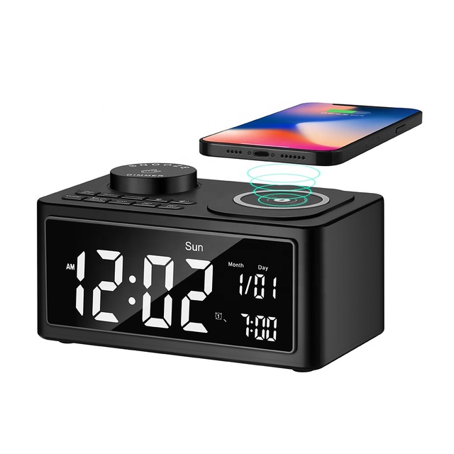 2023 Wireless Charging BT Speaker Alarm Clock LED Alarm Clock Dock Stand Fm Radio USB Fast 10W Charger Hotel Bedroom Clock