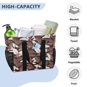 Wholesale Brown Leaf <b>Print</b> <b>Large</b> Foldable Shopping Bag Custom Logo Beach Travel Reusable Grocery Tote With Mesh Side Pockets - Product Image 2