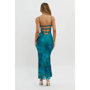 Soldes d'été : Robe longue femme dos nu, sexy, élégante, décontractée, pour les vacances, style licou, tie-dye, effet enveloppant, tissée, taille naturelle, lavable - Product Image 3