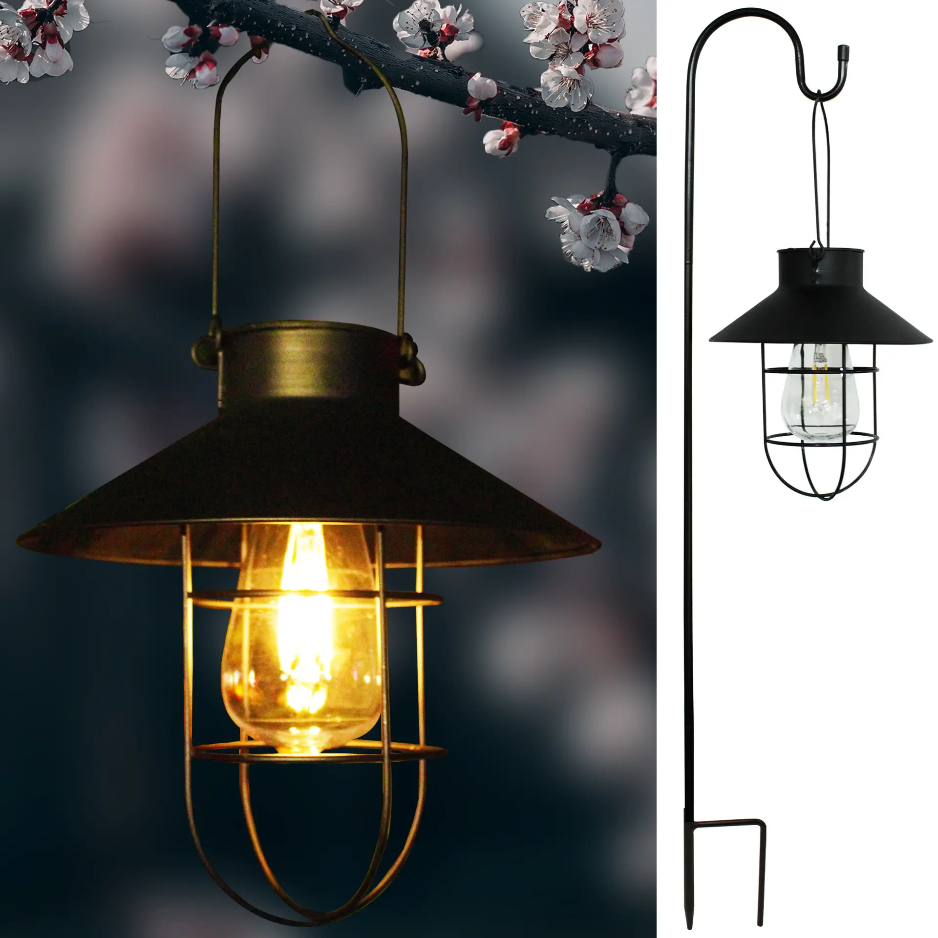 Solar Lantern Lamp Outdoor Hanging Waterproof Vintage Metal Solar Garden Lights With Tungsten Bulb