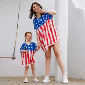 2022 Summer Family Matching Clothes Independence Day American Flag Print Mommy And Me Outfits Mother And Daughter T Shirts Tops