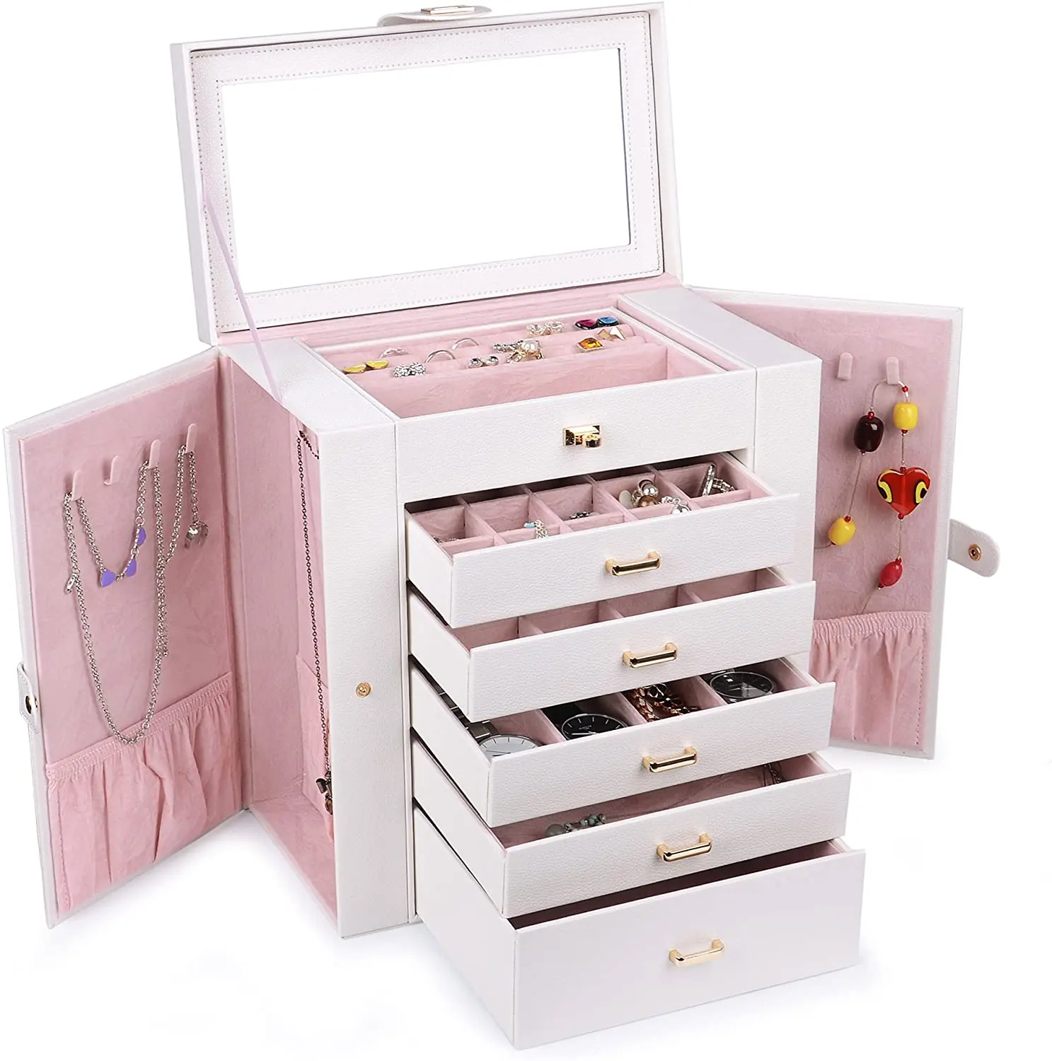 High-end Leather Jewelry Organizer Large Box With Mirrored For Necklace Ring Earring Storage Lockable Gift Case