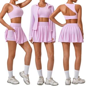 علامة خاصة النساء 3 قطع ملابس تنس مجموعة غير متناظرة الظهر الرياضة حمالة الصدر تنورة مطوي مع جيوب Activewear سترة - Product Image 2
