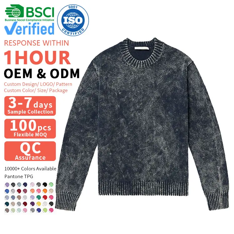 Custom OEM & ODM Acid Wash Knitted Men Sweater Pullover Long Sleeve Winter Men Clothes Knitwear Custom Knit Sweater