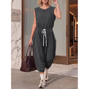 Combinaison décontractée sans manches pour femme, taille haute, avec cordon de serrage, coupe ample, pour yoga et entraînement, tenue une pièce en tissu extensible et respirant - Product Image 4