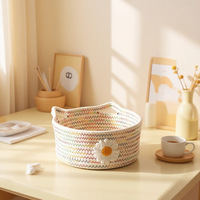 Boîte de rangement de bureau ronde tressée, motif dessin animé mignon, petit panier de Noël avec poignées pour collations, articles divers, cosmétiques, clés, fil de coton