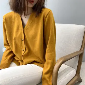 A052 Baru Menampilkan V Leher Warna Solid Tombol Cardigan Sweater Wanita Elegan Korea Kardigan Rajutan Mantel Kualitas Tinggi Pakaian