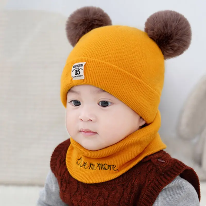 2Pcs Toddler Hat Baby Girls Boys Winter Warm Knitted Wool Hemming Hat Beanie Cap+Scarf Keep Warm Set 0-1 Year Kids Hat 6 colors