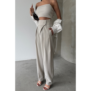 Pantalones Beige de Diseñador para Mujer, Casuales, de Pierna Ancha, Cintura Media, Formales de Oficina, con Rayas Decorativas, Color Suave, Talla XL, Corte Holgado para Verano - Product Image 6