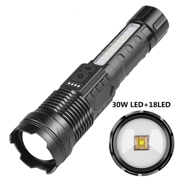High Power 30W LED+18LED Flashlight Built-in Type-C Charging Power Display With Clip Long Range Torch for Camping