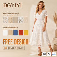 Robe Midi en Gros 220GSM Coton Dentelle Crochet Col V Manches Courtes Style Bohème Femme Ourlet Frangé Logo Personnalisé OEM