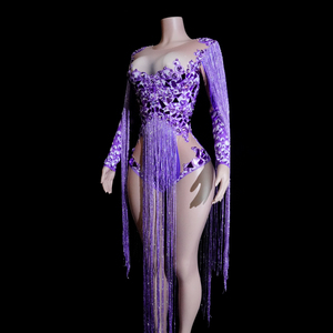 Combinaison sexy violette à imprimé numérique, ornée de strass et de franges en cristal, pour spectacle sur scène, performance de drag queen, chanteuse, diva, <span class=keywords><strong>costume</strong></span> - Product Image 3