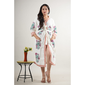 <b>Women</b> Floral Embroidered Cotton <b>Kimono</b> Robe V-Neck Three Quarter Sleeve Knee Length Loose Fit Hand Embroidery Spring Loungewear - Product Image 1