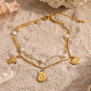 Tobillera de Acero Inoxidable Chapada en Oro con Cadena de Perlas de Doble Capa y Dije de Concha de Tortuga, Adorno para el Pie de Mujer - Product Image 2