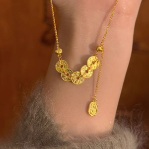 Collier en argent sterling S925 avec pièce de monnaie des cinq empereurs, couleur or, design à pompon, chaîne de clavicule pour femme, cadeau de style chinois - Product Image 1