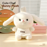 Joli lapin en peluche kawaii avec tablier blanc, oreilles tombantes et yeux noirs, idéal pour les fêtes et la décoration intérieure