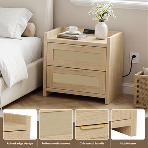 Modern Drawer Nightstand with Charging Port Rattan Mesh Drawers <b>Storage</b> Modern <b>Side</b> End <b>Table</b> Bedside Cabinet for Bedroom Decor - Product Image 2