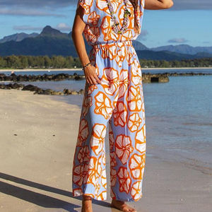 Mono de manga corta con estampado hawaiano, cintura ajustada, espalda descubierta, de rayón de alta calidad y pierna ancha, fabricado en fábrica. - Product Image 5