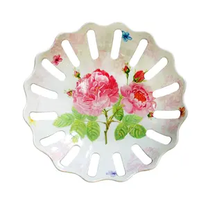Factory Wholesales Flower Peony Printed Patterns Plates With Holes Fruits Melamine Dishes Plates