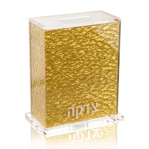 Scatola Tzedakah in lucite glitterata con scatola in oro trasparente acrilico trasparente con supporto