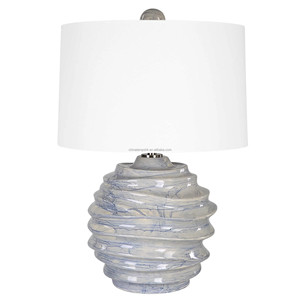Lampe de table artisanale moderne en céramique côtelée bleue tourbillonnante |   Éclairage sculptural d'ambiance pour hôtels de villégiature et maisons - Product Image 1