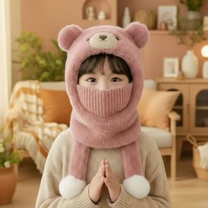 Kids Teddy <b>Bear</b> Hat With Scarf And Face Mask Khaki 54-56Cm Neck Protector For Warmth And Wind Protection - Product Image 2