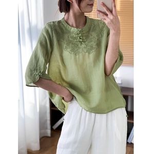 Traditional Chinese Style Embroidered Top Blue Women's Summer T-Shirt Short Sleeve Ethnic Design - Product Image 4