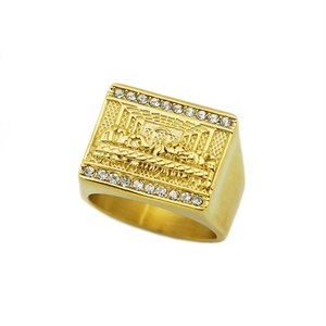 Hip Hop Gold Plated Crystal <b>Rings</b> <b>Men</b> Stainless Steel Last Supper <b>Ring</b> - Product Image 1