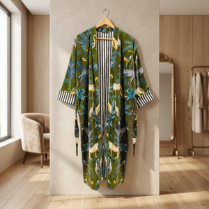 Indian Kimono Eco-Friendly Velvet Robe Women's Animal Print Wrap <b>Tie</b> Dressing Gown Full Sleeve Cotton Lining Long Summer Wear - Product Image 1