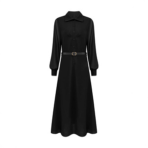 Abito chemisier nero da donna a maniche lunghe in rete, con cintura in vita, elegante e snellente, lunghezza midi, <span class=keywords><strong>per</strong></span> ufficio e casual - Product Image 5