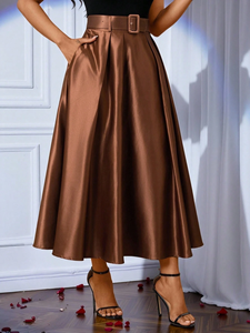 Gonna Midi Plissettata in Raso <span class=keywords><strong>con</strong></span> Cintura a Fibbia Quadrata e Tasche, Vita Alta, Linea A, Personalizzabile OEMODM - Product Image 3