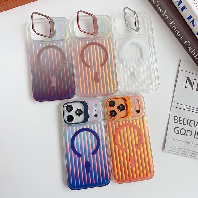 Gradient Corrugated Magnetic Holder Phone case for iPhone 18 Pro Max 17 16 Pro Max Camera Stand Grip Laser Suitcase Back Cover