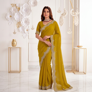 AARA Fashion <b>Yellow</b> Silk <b>Saree</b> Embroidered Border Traditional Indian Wedding Wear for Women Floor-Length Regular Fit Sun - Product Image 1