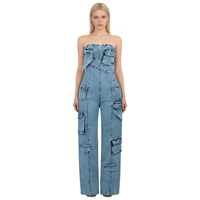 Combinaison cargo en jean sans bretelles pour femme, multi-poches, coupe large, style bustier