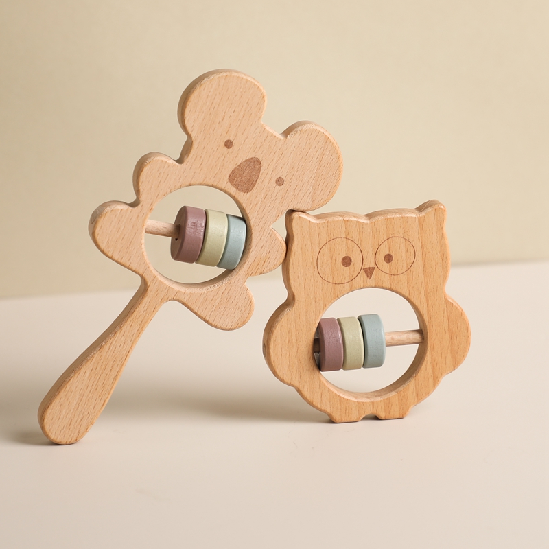 Ручная погремушка из натурального Букового дерева, детский Прорезыватель для зубов, игрушка в форме Милого Животного, четкий звук, безопасная для использования, креативная игрушка, подарки
