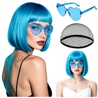 MEEZY Perruques courtes bleues style bob, cheveux raides, frange plate, légères, pour femmes, colorées, amusantes, pour cosplay, fête, néon, carnaval, Halloween