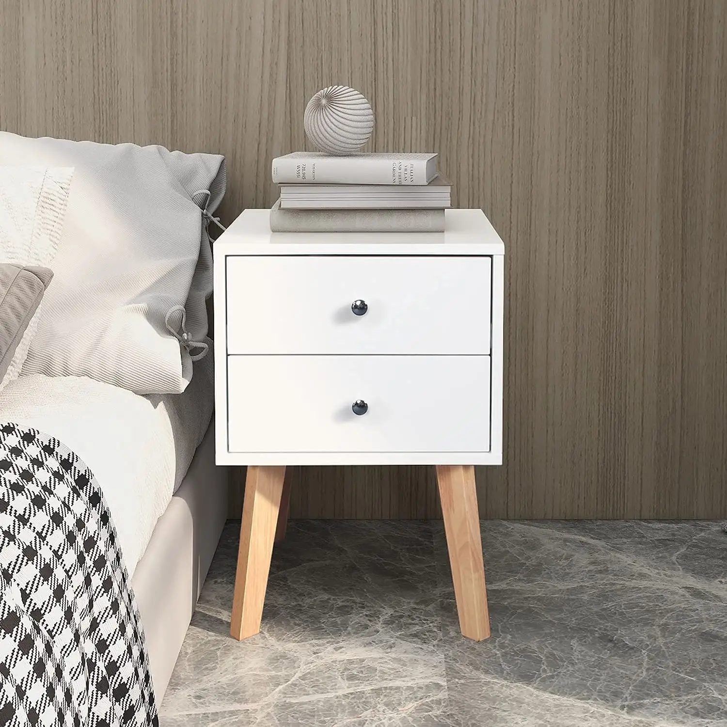 Luxury Collapsible Nightstand Cupboard 2 Drawer Bedside Cabinet Bedroom White Wood Veneer Small Wooden Bed Side Table With Leg