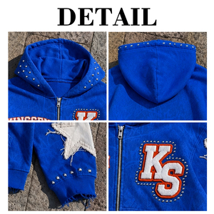 Veste à capuche zippée personnalisée, style vintage délavé, avec patchwork, badges, rivets, effet vieilli et effiloché, coupe courte, streetwear - Product Image 6