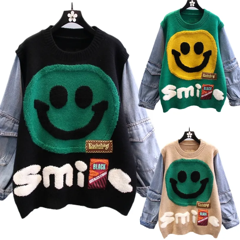 Autumn Winter Free Size Cute Korean Smile Sweaters For Women Knitted Casual Patchwork Denim Splice Pullover Sweater For Women