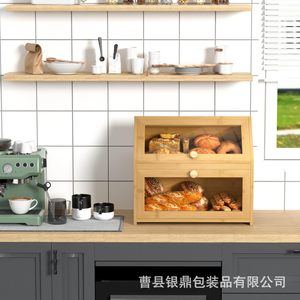 Bamboo Double Layer Bread Box With Glass Door Countertop <b>Storage</b> <b>Container</b> For Bread <b>Cake</b> Pastry - Product Image 4