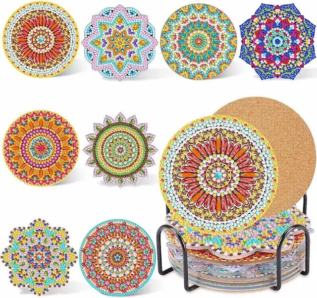 8 Peças Pintura Diamante Coasters DIY Mandala Art Craft Suprimentos para Crianças Iniciantes Beber Copo Almofada