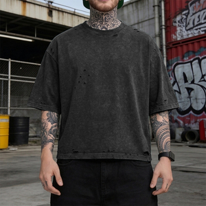 HENGTAI Fabricantes de Ropa Personalizada, Camiseta Vintage para Hombre, Estilo Desgastado, Lavado Ácido, Corte Cuadrado, Oversize, Recortada - Product Image 2