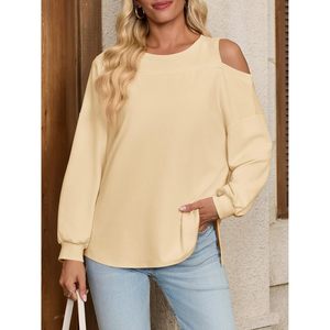 Camisetas de manga larga con hombros descubiertos para mujer, cuello redondo, estilo básico, holgadas, a la moda para otoño - Product Image 4