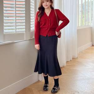 รันฉีกระโปรงเอวสูงทรงหางปลาเอไลน์มิดิสีดำขนาดบวกผู้หญิงฤดูใบไม้ร่วงฤดูหนาว OL กระโปรงยาว N8757 - Product Image 5