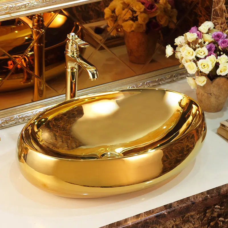 Luxus Sanitär Ware Tischplatte Gold Waschbecken Arbeits platte Waschbecken Keramik Luxus Gold Gesicht Hand waschbecken Waschbecken