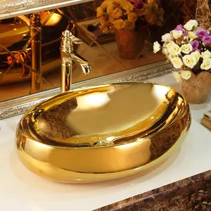 Louça sanitária de luxo, banheiro de ouro lavatório para banheiro, cerâmica de luxo dourado pia para lavatório de mão