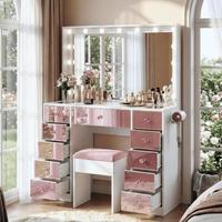 Coiffeuse avec 15 ampoules, 3 modes d'éclairage couleur, luminosité réglable, ensemble de coiffeuse avec tabouret rembourré, rose