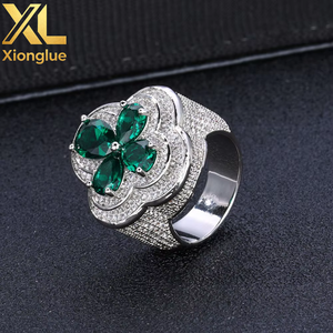 Men's Trendy Hiphop Customize <b>Ring</b> Copper Gold Plated Four Leaf Princess Cut Zircon Green Red Gemstone Flower <b>Iced</b> - Product Image 1