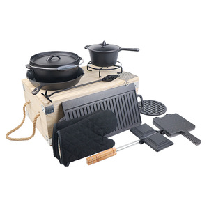 Ensemble de vaisselle de camping et de pique-nique en fonte pour l'extérieur avec boîte en bois pour cuisson/friture/plat à frire - Product Image 4